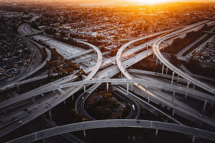 Los Ángeles, carretera, ciudad, puesta de sol, antena, coche, asfalto, foto de drone, tráfico, paisaje urbano, carretera, calle, Fondo de pantalla HD