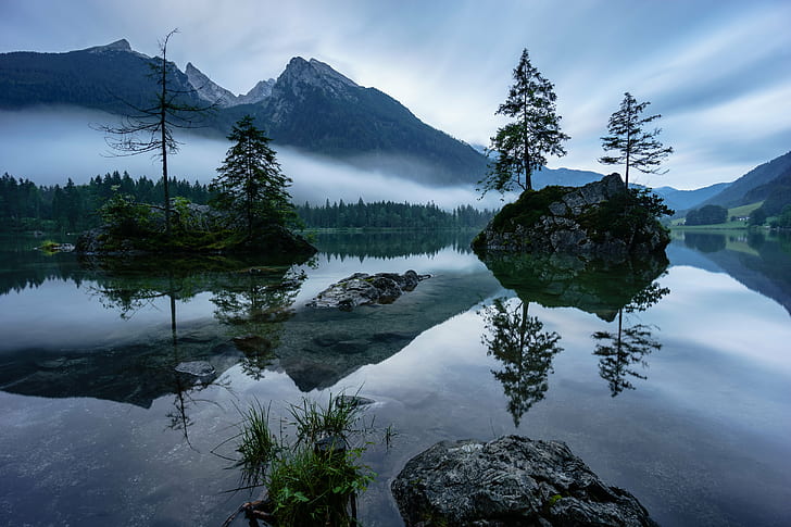 two islets with two trees surrounded by water near fog-covered mountain, islets, two trees, fog, covered, mountain, Berchtesgadener Land, Hintersee, Bayern, Wolken, Morning Mood, Mirror, Spiegel, Lake, Alps, Alpen, Bavaria, Deutschland, Germany, Islands, Natur, Nature, Outdoors, Hiking, Clouds, Sony  a6000, SEL, Wasser, Water, Bergsee, landscape, reflection, scenics, forest, tree, HD wallpaper