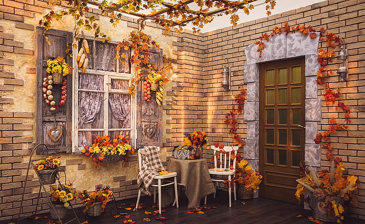 Ден на благодарността, външни декорации, празници, Хелоуин, есен, маса, столове, листа, къща, дом, царевица, декорация, празник, есен, лук, благодарност, чесън, HD тапет
