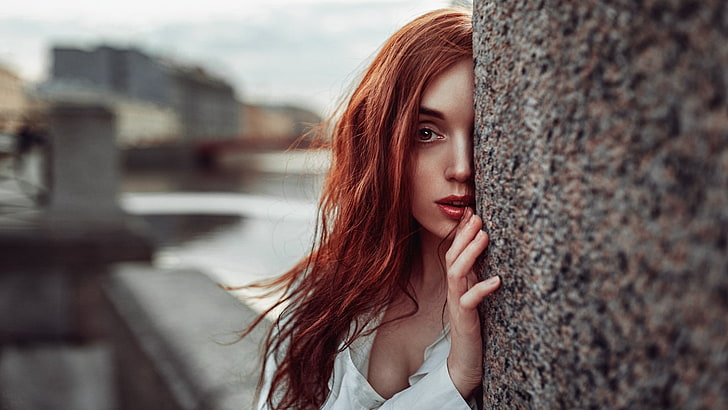 women, face, redhead, portrait, depth of field, Georgy Chernyadyev, HD wallpaper