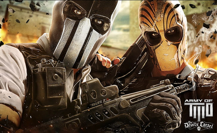 fire, sake, flame, game, army of two, soldiers, weapon, war, shotgun, rifle, mask, the devils cartel, HD wallpaper