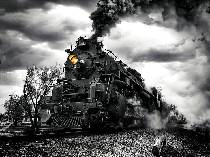 дым, поезд, двигатель, черно-белый, монохромный, насыпь, Наш двигатель летит впереди!, HD обои