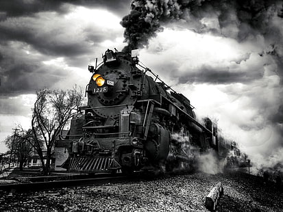 rök, tåg, motorn, svartvitt, svartvitt, kulle, vår motor flyger framåt!, HD tapet HD wallpaper