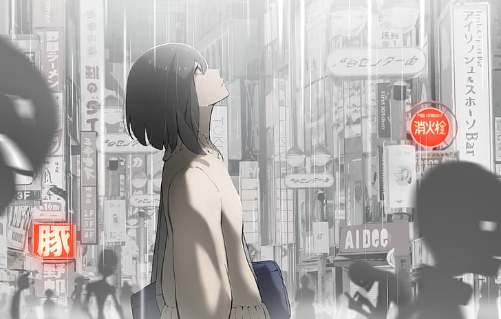 一人で、日本、通り、アニメの女の子、アニメ、都市、看板、見上げる、黒い髪、雨、 HDデスクトップの壁紙