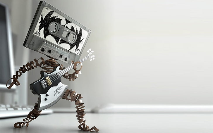 juguete robot blanco y negro, cassette, guitarra eléctrica, robot, cassete de audio, música, beso (música), Fondo de pantalla HD