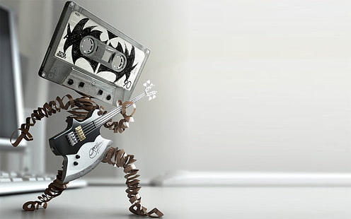 白と黒のロボット玩具、カセット、エレキギター、ロボット、オーディオカセット、音楽、キス（音楽）、 HDデスクトップの壁紙 HD wallpaper