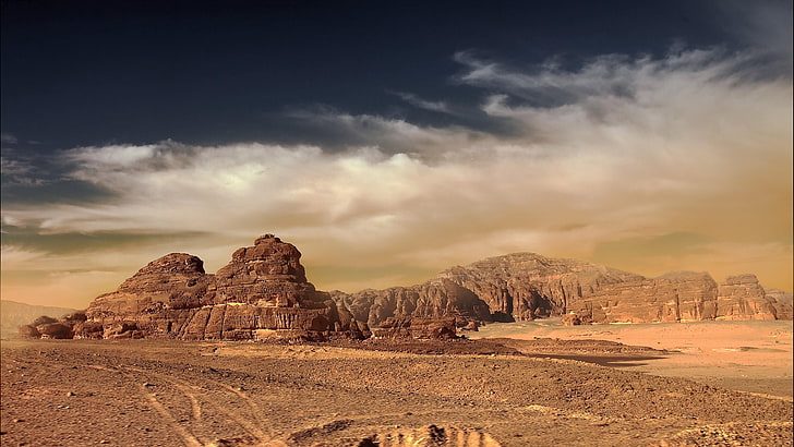 désert, montagnes, ciel, nuages, paysage, sable, roche, grès, poussière, Fond d'écran HD