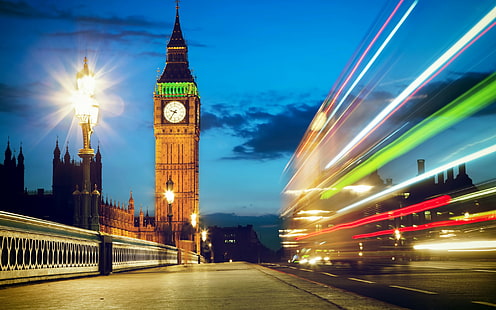 Londres, Big Ben, Inglaterra, Londres, Big Ben, Inglaterra, Reino Unido, Gran Bretaña, ciudad, Noche, carretera, exposición, luces, puente, Fondo de pantalla HD HD wallpaper