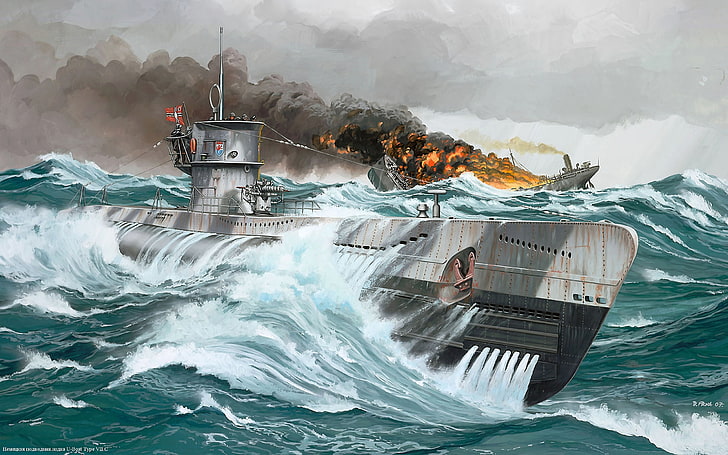 회색 전쟁 배 그림, 전쟁, 그림, 잠수함, U-Boat Type VII C, HD 배경 화면