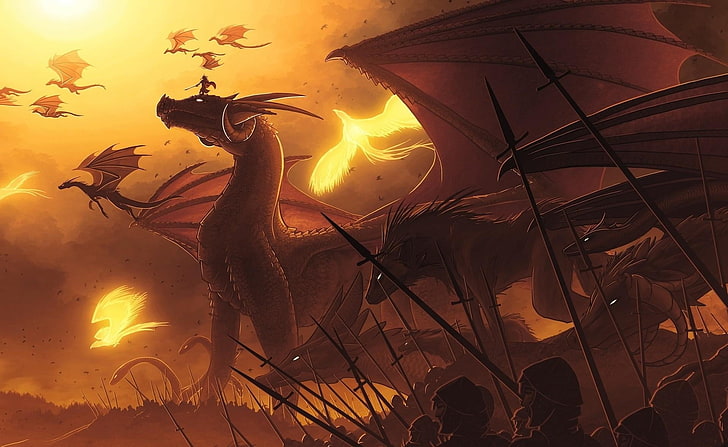 pintura digital de dragão e exército, dragões, vôo, pessoas, lanças, HD papel de parede