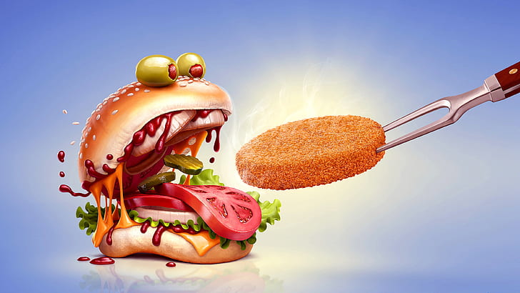 hamburger, tomat, zaitun, saus tomat, burger ayam, burger, makanan ringan, makanan cepat saji, makanan cepat saji, makanan anak-anak, makanan Amerika, burger monster, roti isi, burger keju, makanan, Wallpaper HD