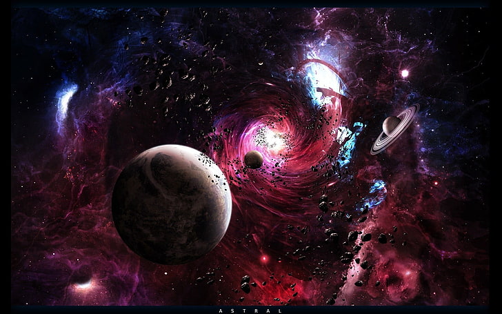 czerwona i fioletowa galaktyka, planeta, przestrzeń, galaktyka, czarne dziury, sztuka kosmiczna, sztuka cyfrowa, Tapety HD