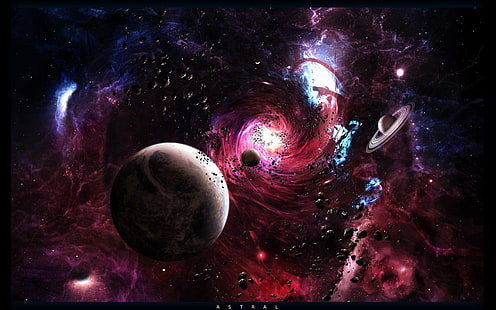 กาแล็กซี่สีแดงและสีม่วง, ดาวเคราะห์, อวกาศ, กาแล็กซี่, หลุมดำ, ศิลปะอวกาศ, ศิลปะดิจิทัล, วอลล์เปเปอร์ HD HD wallpaper