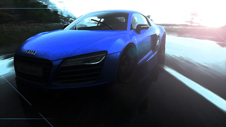 블루 아우디 쿠페, 아우디 R8, 블루, 햇빛, 도로, 드리프트, 동작 흐림 효과, 스크린 샷, Forza Motorsport 5, 스포츠카, 반사, 표류, HD 배경 화면