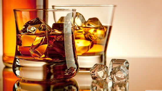alcohol, drink, drinking glass, whiskey, ice cubes, HD wallpaper HD wallpaper