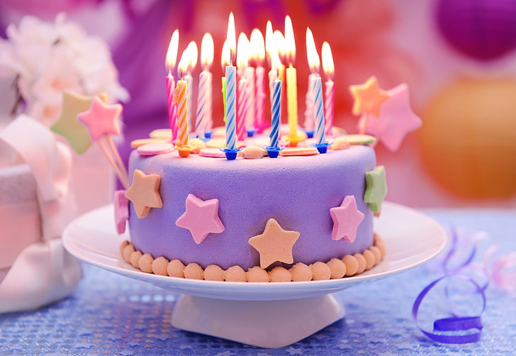 purple and multicolored star-decorated cake, happy birthday, candles, cake, HD wallpaper
