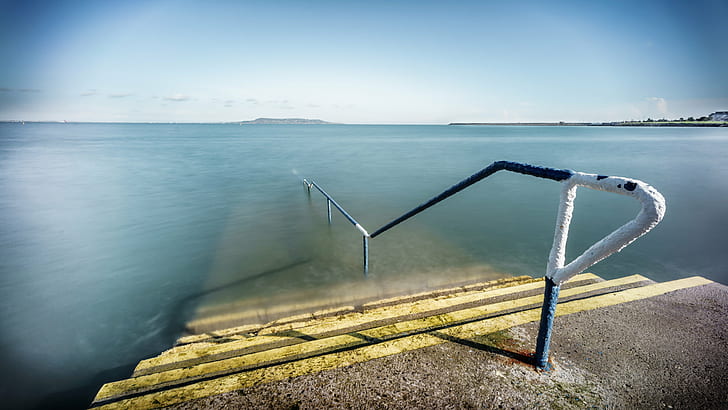 brown and yellow concrete dock with black handrail, dublin, ireland, dublin, ireland, Seapoint, Dublin, Seascape, photography, brown, yellow, concrete, dock, black, handrail, a7, blu, clouds, europe, full frame, ireland, landscape, long exposure, motion, photo, sea, sky, sony a7, stairs, ultra, urban, voigtlander, water, IE, HD wallpaper