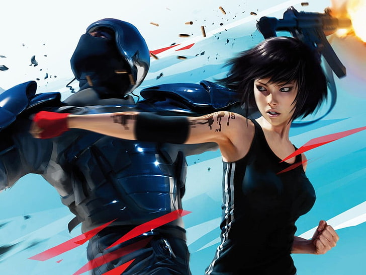 woman wearing black tank top illustration, Mirror's Edge, digital art, video games, cyan, HD wallpaper
