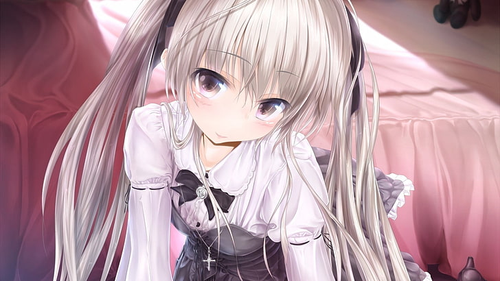 weißhaarige weibliche Anime-Charakterillustration, Mädchen, Anime, Junge, Kleid, Blick, HD-Hintergrundbild