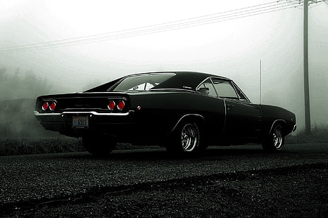 coupé Ford Mustang nera, auto, muscle car, Dodge Charger, auto nere, veicolo, Sfondo HD HD wallpaper