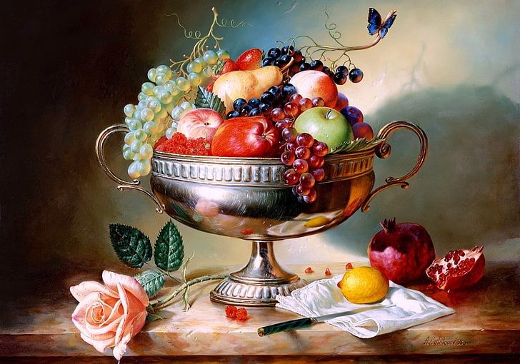 silver fruit basket painting, raspberry, lemon, butterfly, apples, rose, strawberry, grapes, knife, vase, pear, still life, painting, Alexei Antonov, garnet, HD wallpaper