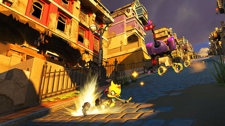 personagem de desenho animado amarelo correndo nas ruas jogo papel de parede digital, Sonic Forces, 4k, E3 2017, captura de tela, HD papel de parede