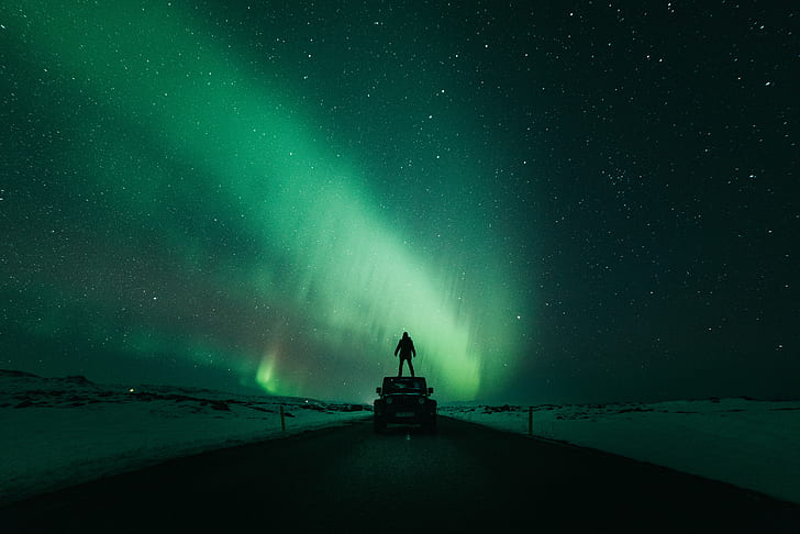 Islanda, 8K, 4K, Aurora boreale, Aurora, cielo stellato, Silhouette, Sfondo HD