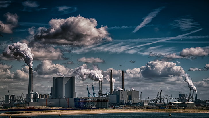 небе, промишлени, облаци, синьо, фабрики, околна среда, HD тапет