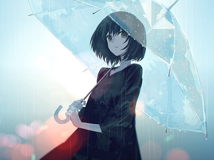 Anime, Anime Girls, Regenschirm, grüne Augen, dunkles Haar, Regen, HD-Hintergrundbild