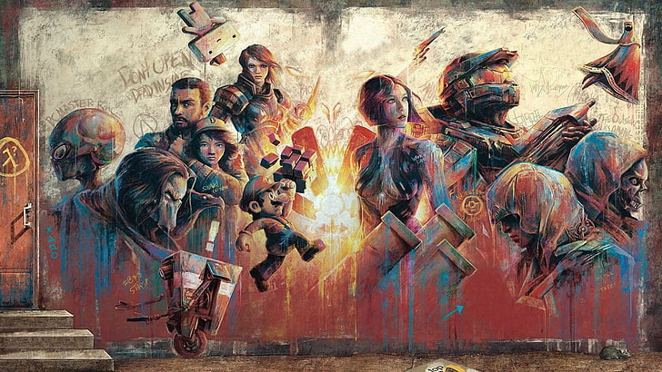 شخصيات متنوعة جدارية جدارية ، بدون عنوان ، ألعاب فيديو ، سوبر ماريو ، ماريو بروس ، The Walking Dead ، Borderlands 2 ، Mass Effect ، Halo ، Dishonored ، Assassin's Creed ، Half-Life ، Darksiders 2 ، Jane Shepard ، Journey (game) ، Claptrap ، فاس، خلفية HD