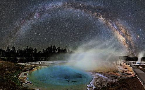 Yellowstone Steam Pond Galaxy Milky Way Stars Night HD, cuerpo de agua, naturaleza, noche, estrellas, galaxia, estanque, camino, lechoso, vapor, yellowstone, Fondo de pantalla HD HD wallpaper