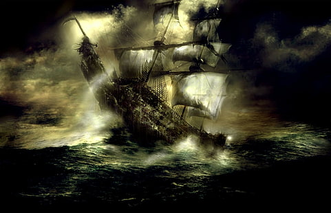 море, старый корабль, фэнтези-арт, корабль-призрак, произведение искусства, HD обои HD wallpaper
