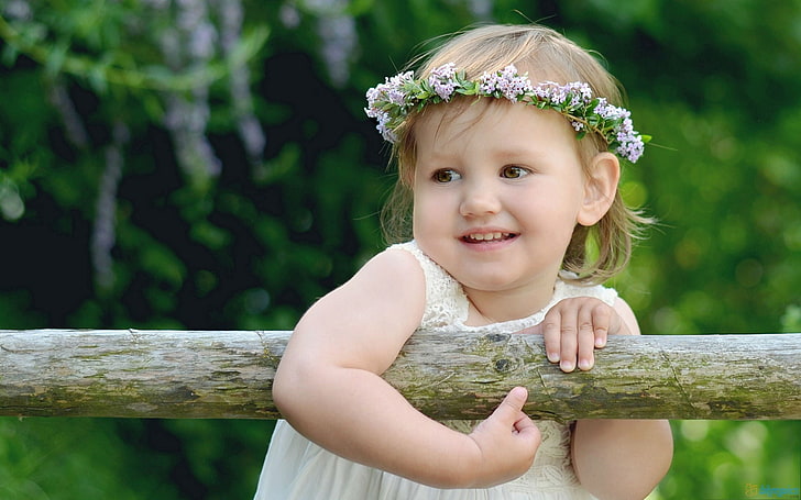 girl's white sleeveless dress, child, girl, wreath, summer, smile, HD wallpaper