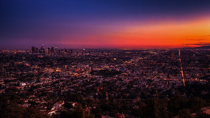 cielo azul, ciudad, urbano, puesta de sol, Los Ángeles, Photoshop, Estados Unidos, paisaje urbano, luz solar, Fondo de pantalla HD
