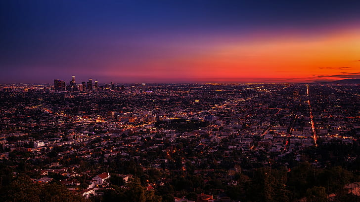 Photoshop, luce del sole, Stati Uniti, tramonto, paesaggio urbano, città, urbano, Los Angeles, Sfondo HD