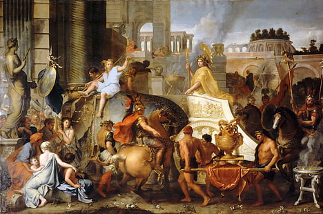 roman soldier painting, Paris, oil, picture, The Louvre, canvas, Lebrun Charles, French painter and decorator, The triumphal entry of Alexander the Great into Babylon, HD wallpaper HD wallpaper