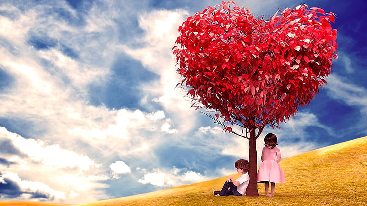 couple, baby, cute, love, heart tree, tree, lone tree, heart, HD wallpaper