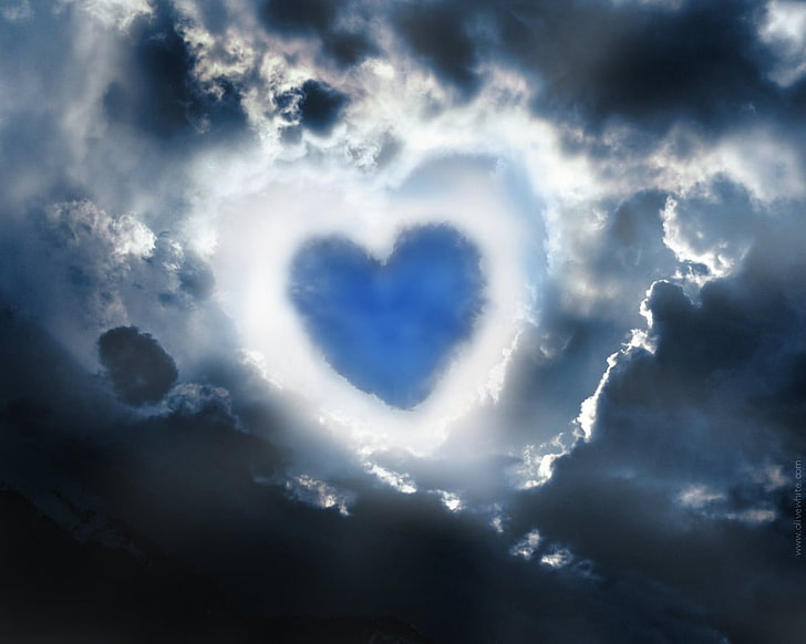 heart-shaped cloud digital wallpaper, heart, sky, blue, light, clouds, HD wallpaper