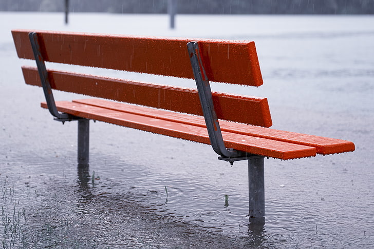 orange wooden bench with black metal frame, bench, rain, downpour, puddles, HD wallpaper