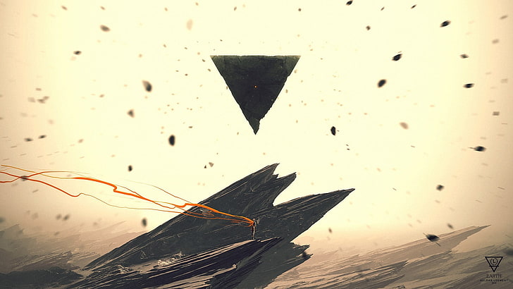 ilustração de navio preto destruído, ilustração do triângulo preto, resumo, triângulo, Kuldar Leement, DeviantArt, arte da fantasia, pirâmide, rocha, trabalho artístico, arte digital, paisagem, bege, HD papel de parede