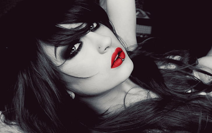 face, Niky Von Macabre, red lipstick, piercing, women, nose rings, lolina green, dark eyes, selective coloring, HD wallpaper