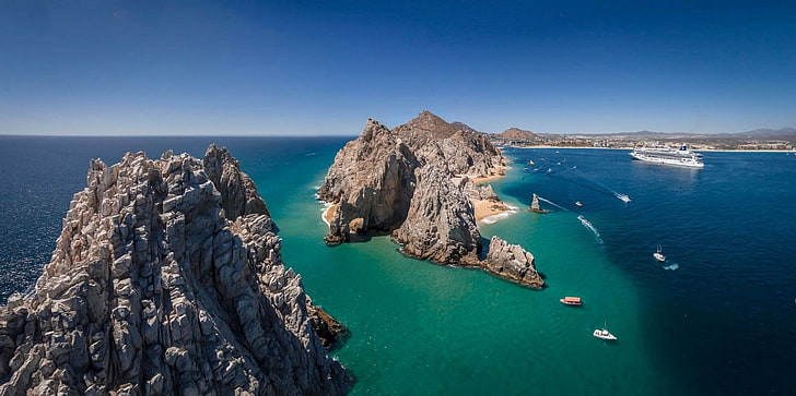 nature, rocks, boat, sea, Mexico, photography, aerial view, cruise ship, landscape, beach, Cabo San Lucas, HD wallpaper