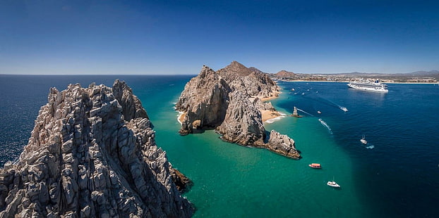 island, photography, nature, landscape, sea, beach, cruise ship, boat, rocks, Cabo San Lucas, aerial view, Mexico, HD wallpaper HD wallpaper
