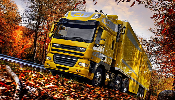 road, autumn, the sky, clouds, trees, yellow, foliage, blur, the fence, roadside, DAF, tractor, Space Cab, the trailer, 6x2, DAF CF85.460, HD wallpaper