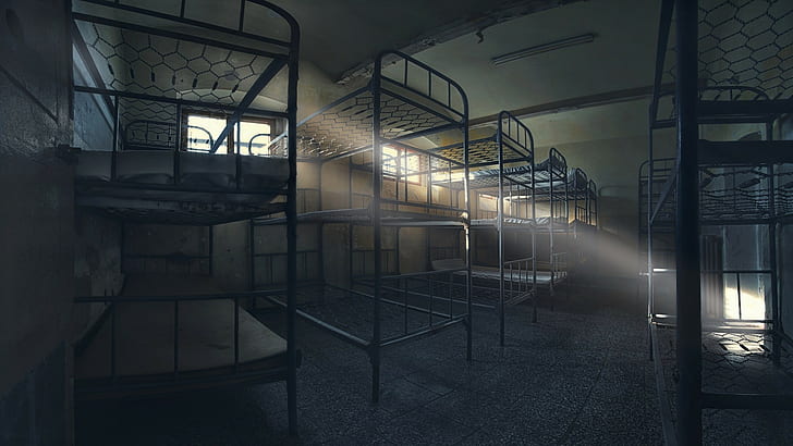architecture, interior, abandoned, silent, bunk bed, sun rays, bed, empty, mattresses, dust, HD wallpaper