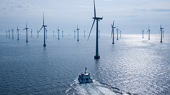 morze, elektryczność, turbina wiatrowa, niebo, łódź, pojazd, Tapety HD HD wallpaper