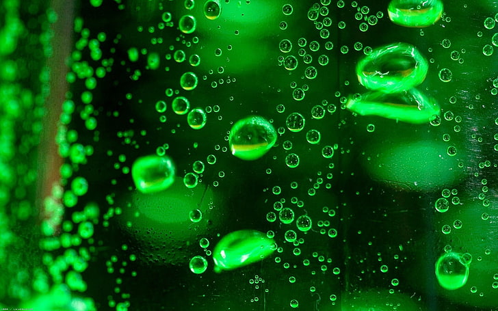 зеленые капли воды, капли, поверхность, жидкость, HD обои