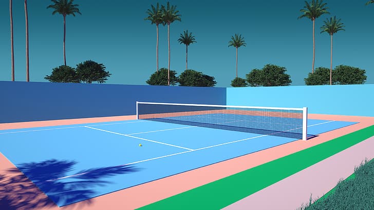 Trey Trimble, palm trees, tennis court, vaporwave, HD wallpaper