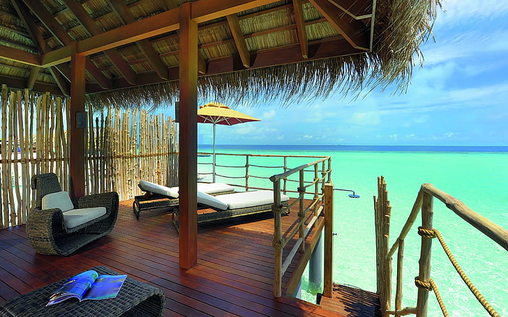brązowa drewniana balustrada schodów, ocean, Malediwy, Bungalow, Tapety HD
