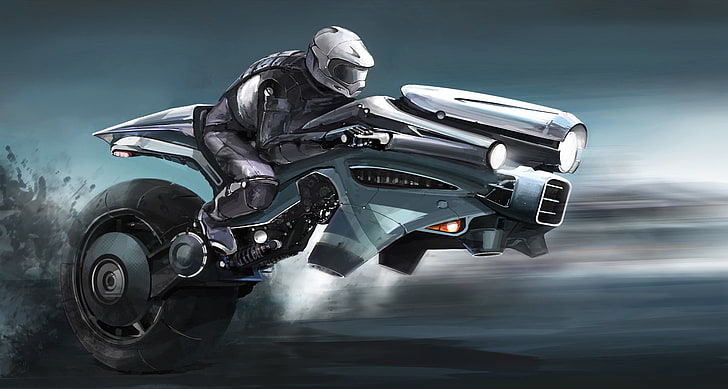 灰色のオートバイの図、未来、アートワーク、オートバイに乗って男、 HDデスクトップの壁紙